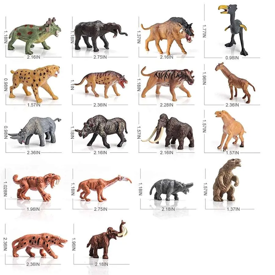 18-Piece Mini Prehistoric Animal Figurine Set - Mammoth & Smilodon