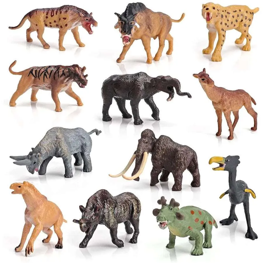 18-Piece Mini Prehistoric Animal Figurine Set - Mammoth & Smilodon