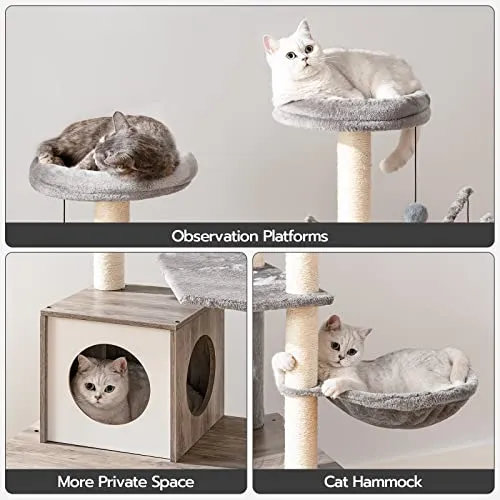Cat Tree with Litter Box Enclosure & Scratching Posts for Indoor Cats, All-in-One Wooden Cat House Furniture
