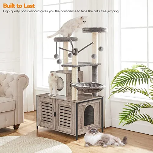 Cat Tree with Litter Box Enclosure & Scratching Posts for Indoor Cats, All-in-One Wooden Cat House Furniture