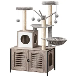 Cat Tree with Litter Box Enclosure & Scratching Posts for Indoor Cats, All-in-One Wooden Cat House Furniture