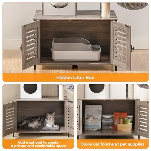 Cat Tree with Litter Box Enclosure & Scratching Posts for Indoor Cats, All-in-One Wooden Cat House Furniture