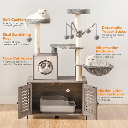Cat Tree with Litter Box Enclosure & Scratching Posts for Indoor Cats, All-in-One Wooden Cat House Furniture