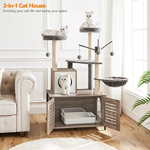 Cat Tree with Litter Box Enclosure & Scratching Posts for Indoor Cats, All-in-One Wooden Cat House Furniture