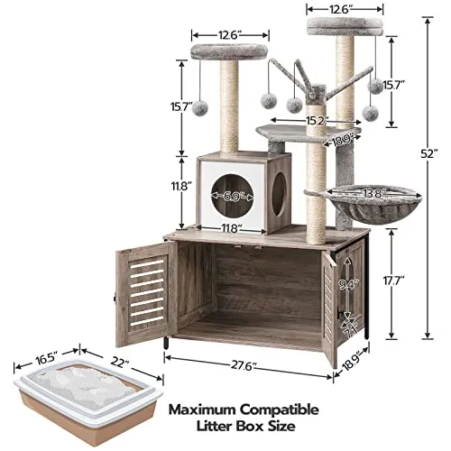 Cat Tree with Litter Box Enclosure & Scratching Posts for Indoor Cats, All-in-One Wooden Cat House Furniture