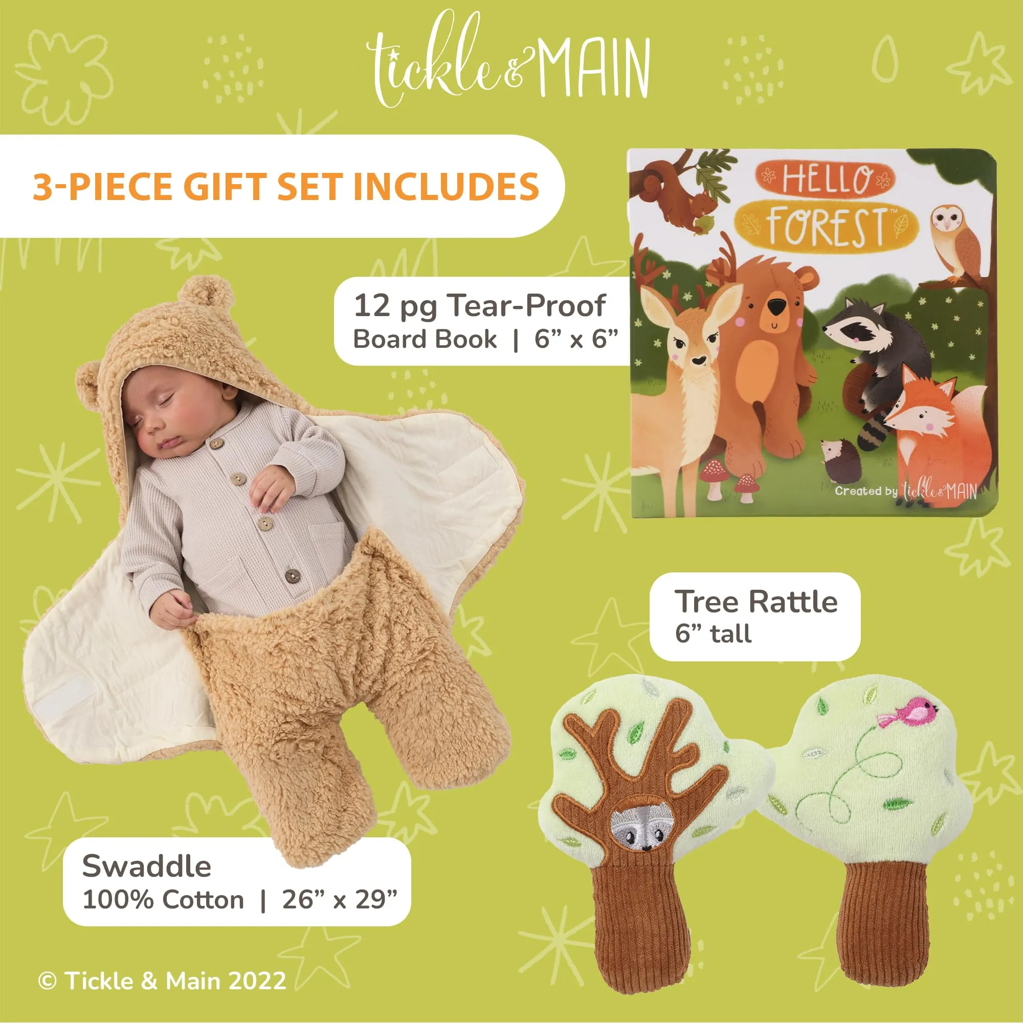 CuddleNest Swaddle Blanket Newborn Gift Set with Storybook & Tree Rattle for Cozy Comfort