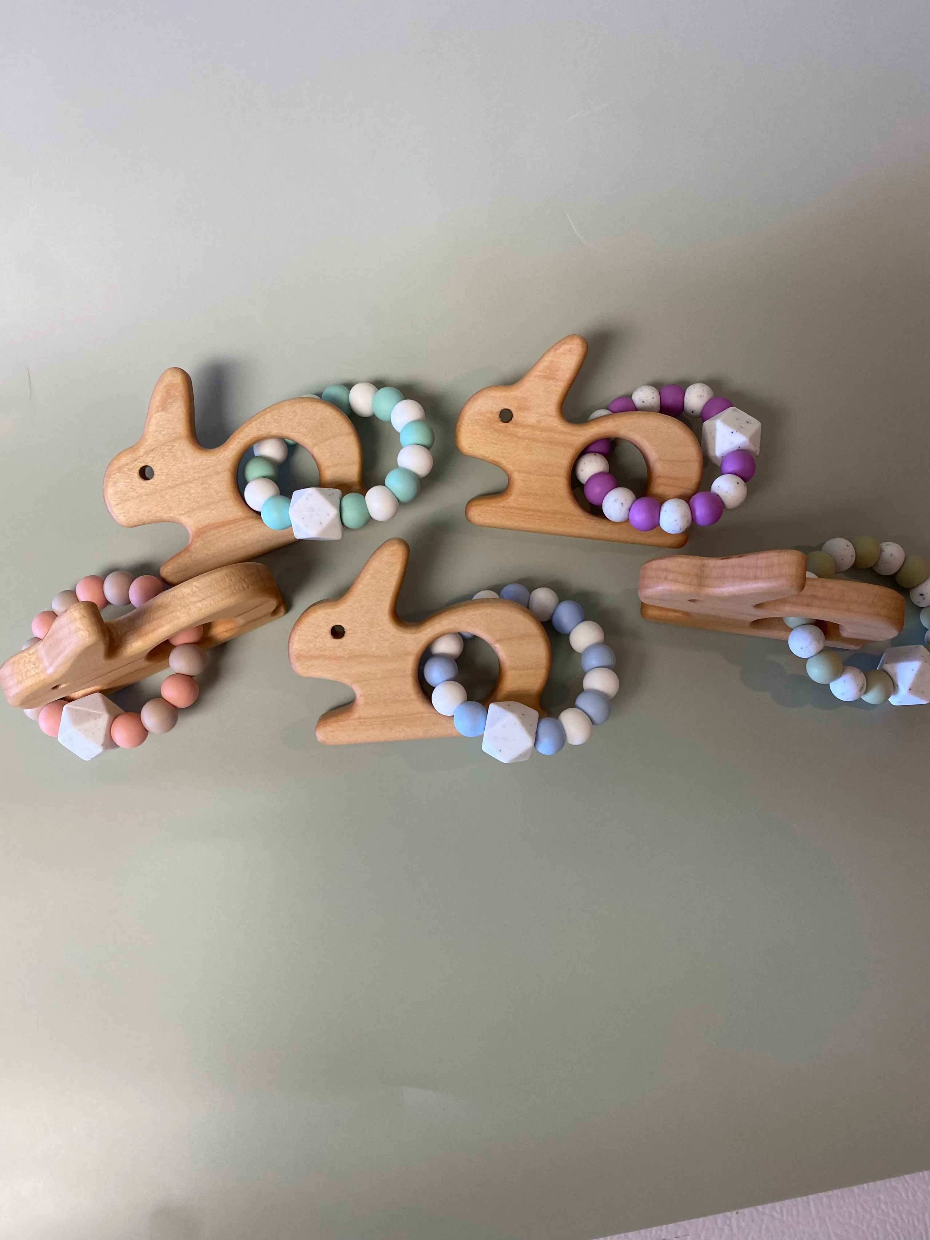 Custom Wooden Bunny Teether with Beaded Silicone Ring