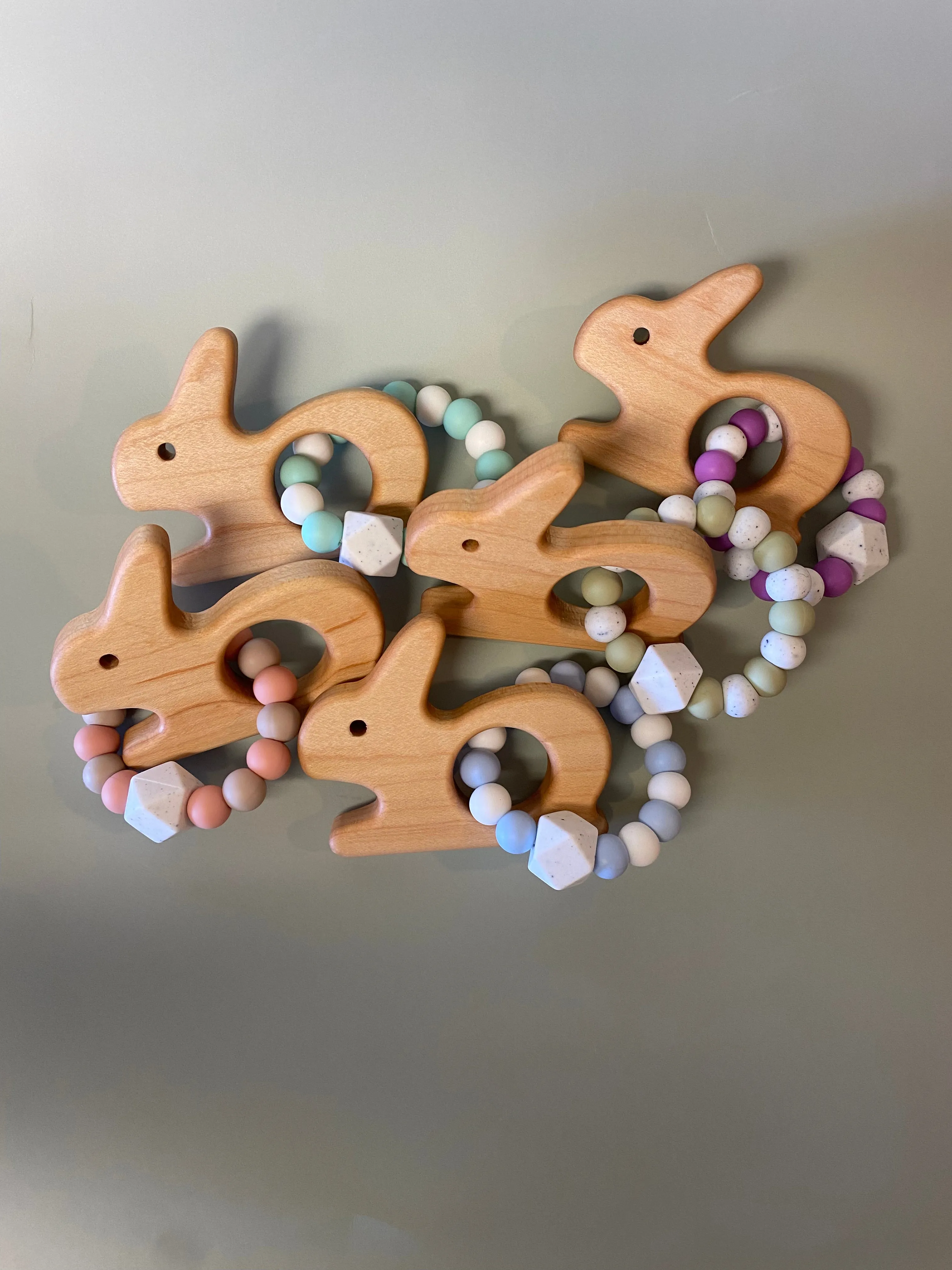 Custom Wooden Bunny Teether with Beaded Silicone Ring