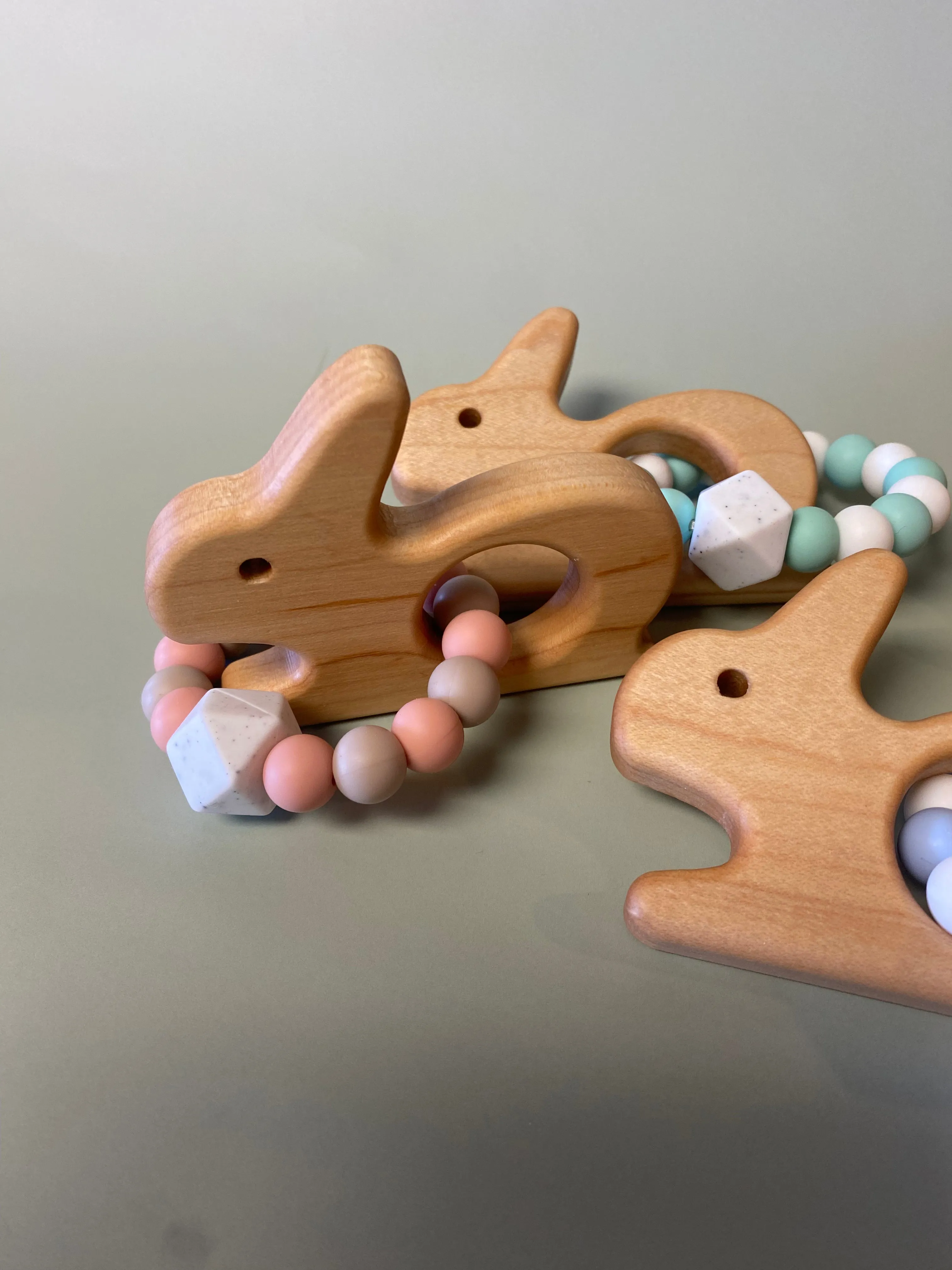 Custom Wooden Bunny Teether with Beaded Silicone Ring