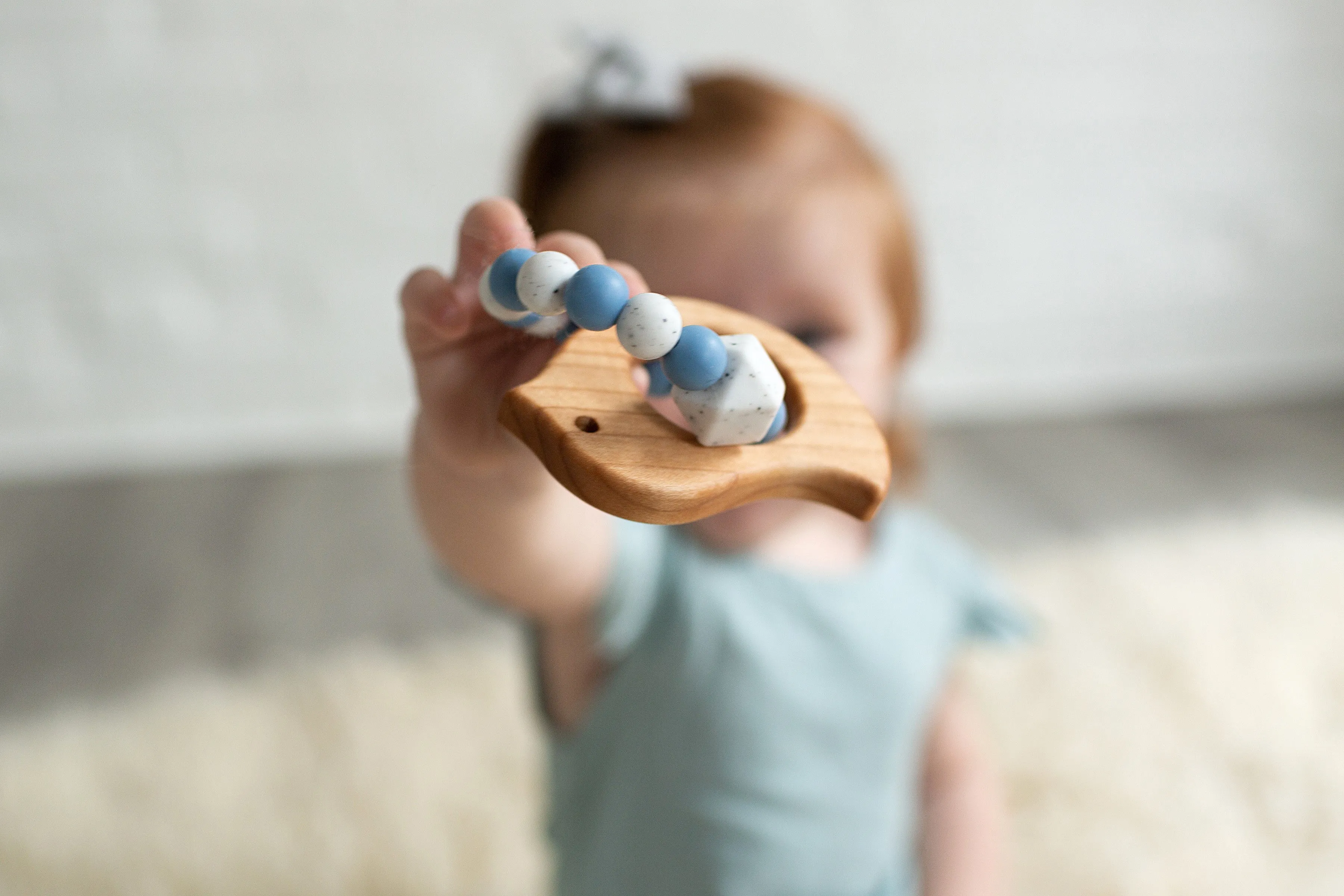 Custom Wooden Bunny Teether with Beaded Silicone Ring