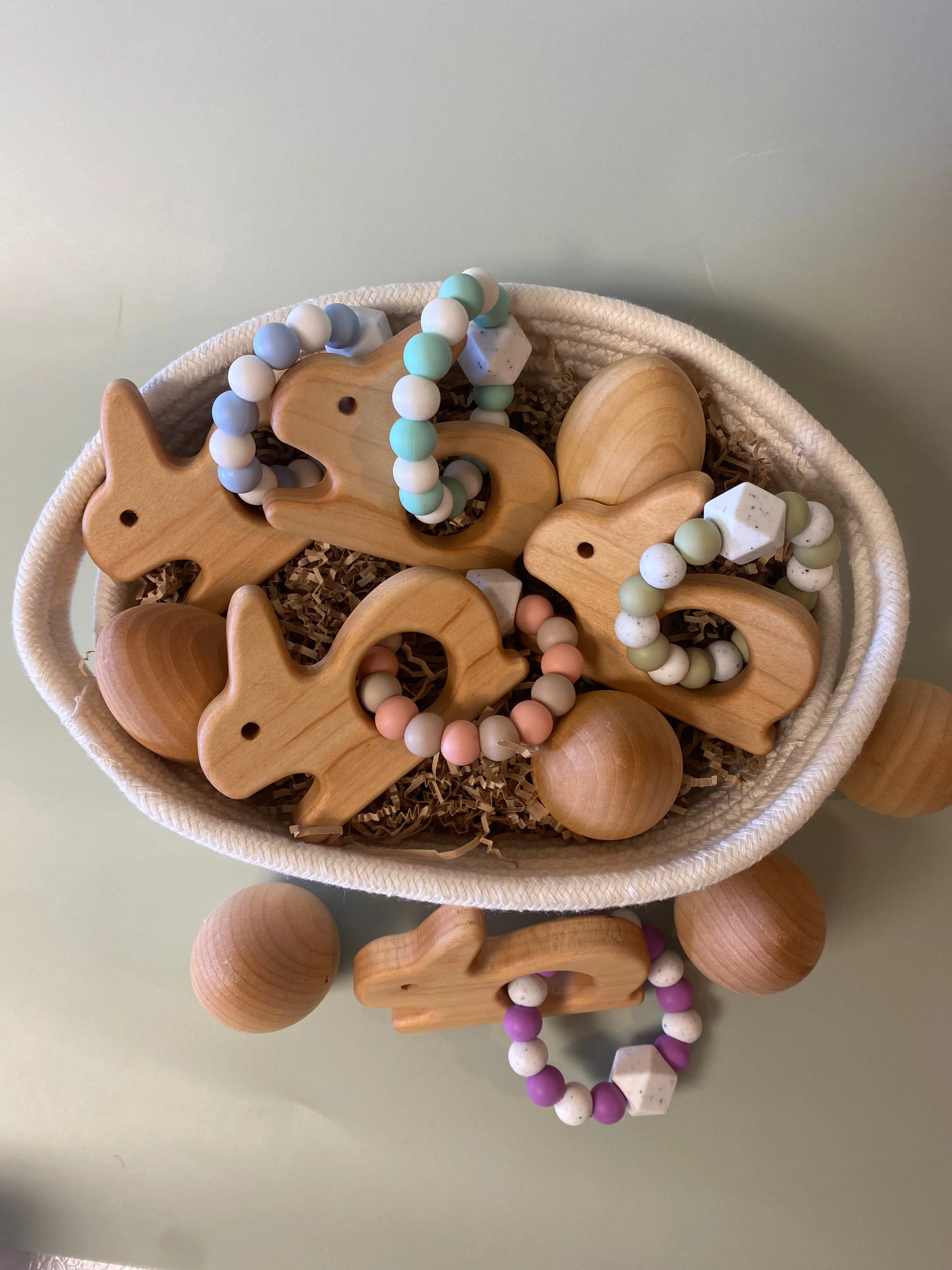 Custom Wooden Bunny Teether with Beaded Silicone Ring