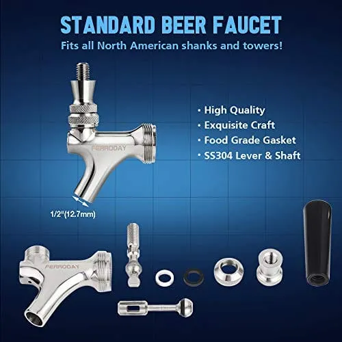 FERRODAY Stainless Steel Draft Beer Faucet SS304 Beer Faucet for Keg Tap Tower Beer Shank and Kegerator(Beer Faucet All SS304 Version)