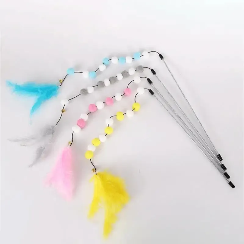 Interactive Cat Teaser Wand with Colorful Pom Poms and Bell